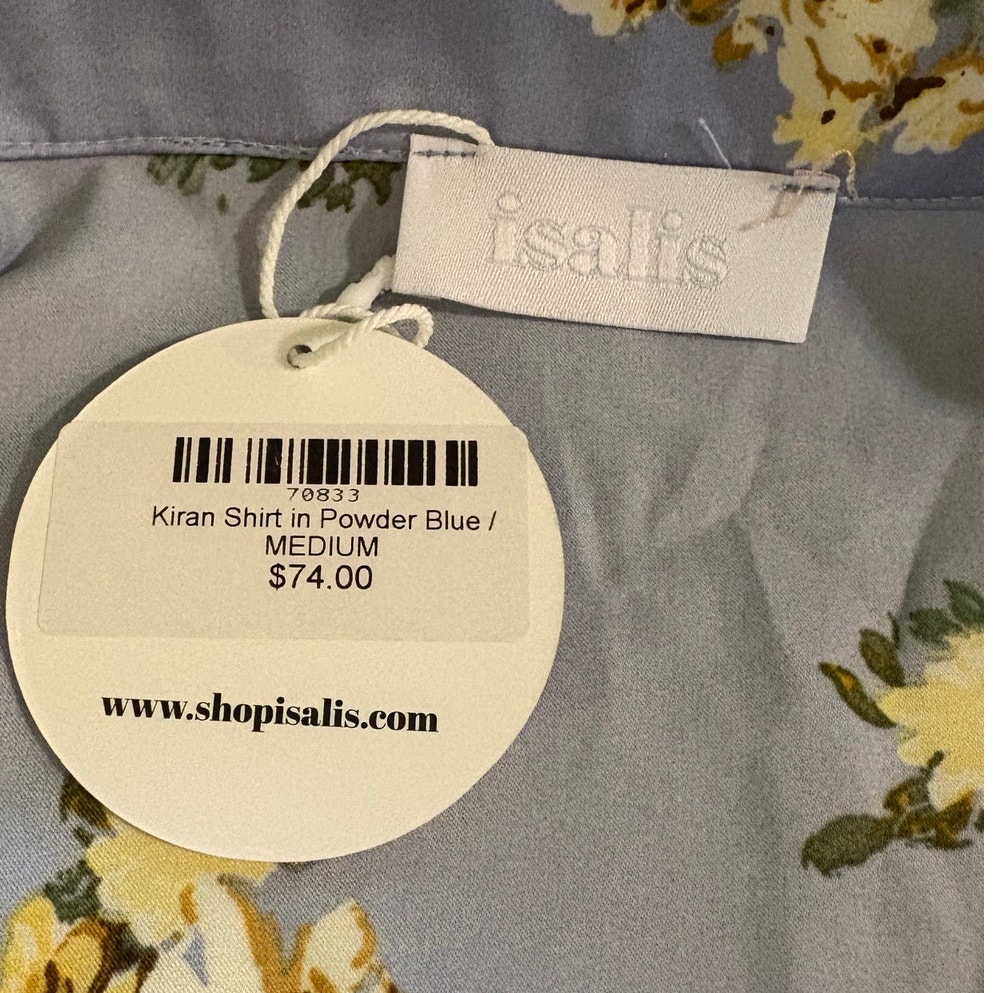 Isalis Nwt Powder Blue Kiran Floral Collared Long Sleeve Shirt Size M — image 4 of 7
